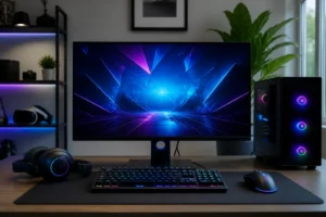 Écran de jeu haute résolution avec clavier mécanique, souris ergonomique et casque audio sur un bureau moderne de PC gamer
