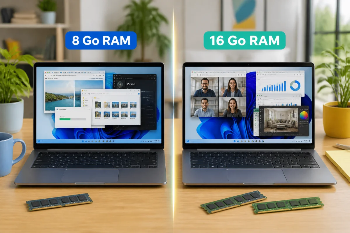 Comparaison de deux ordinateurs portables avec 8 Go et 16 Go de RAM, illustrant les performances multitâches et la fluidité d’utilisation.