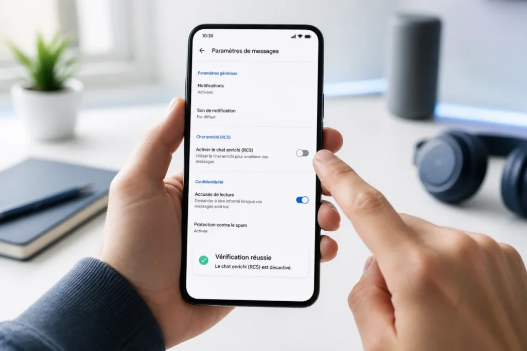 Smartphone affichant les paramètres de messagerie RCS désactivés sur Android, avec confirmation visuelle du réglage.