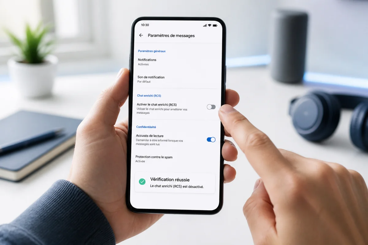 Smartphone affichant les paramètres de messagerie RCS désactivés sur Android, avec confirmation visuelle du réglage.