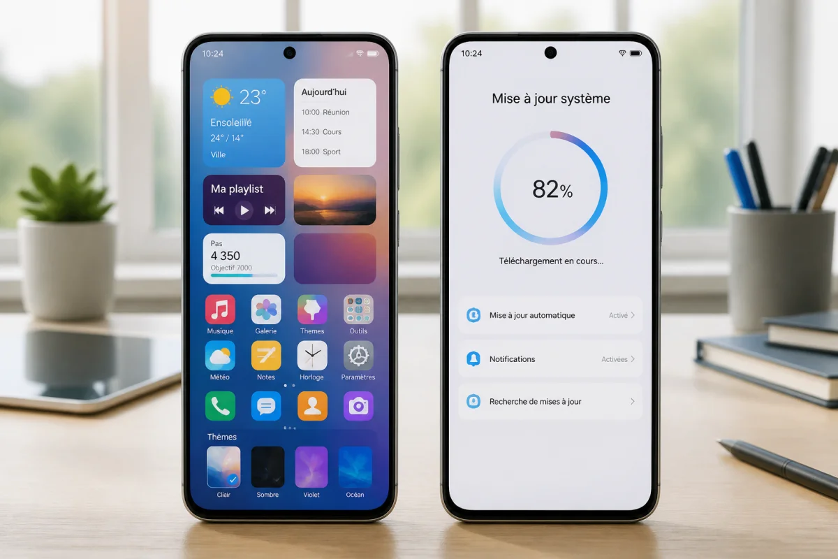 Différence entre smartphone et iPhone illustrée par deux interfaces mobiles, l’une personnalisable, l’autre épurée et uniformisée
