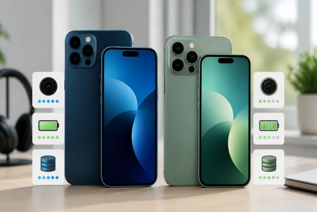 Comparaison de deux smartphones modernes illustrant les différences d’appareil photo, d’autonomie et de stockage avec un iPhone