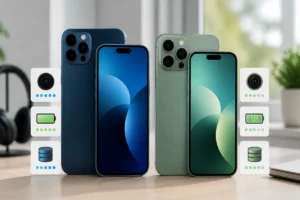 Comparaison de deux smartphones modernes illustrant les différences d’appareil photo, d’autonomie et de stockage avec un iPhone