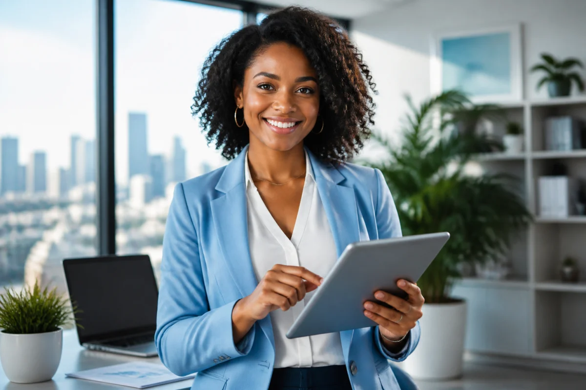Entrepreneure confiante utilisant une tablette dans un bureau moderne et lumineux pour optimiser sa gestion sur hubentreprise360.fr.