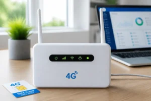 Routeur 4G avec carte SIM data uniquement et voyants de connexion actifs sur un bureau moderne