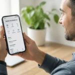 Personne consultant son smartphone pour vérifier l'opérateur associé au numéro 0762 dans un espace de travail lumineux.