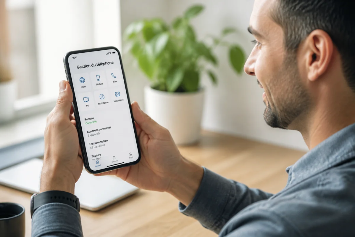 Personne consultant son smartphone pour vérifier l'opérateur associé au numéro 0762 dans un espace de travail lumineux.