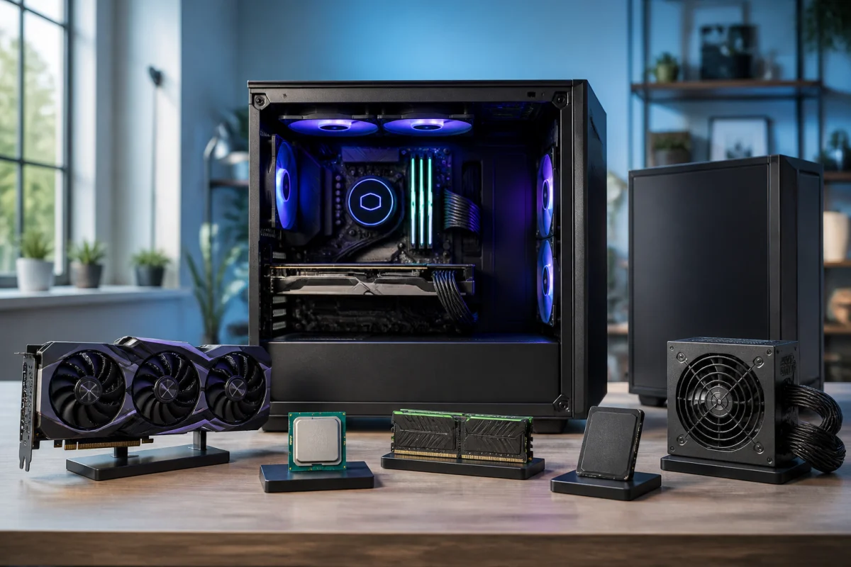 PC gamer ouvert entouré d’une carte graphique, processeur, mémoire vive, SSD, alimentation et boîtier pour comparer les coûts en 2026