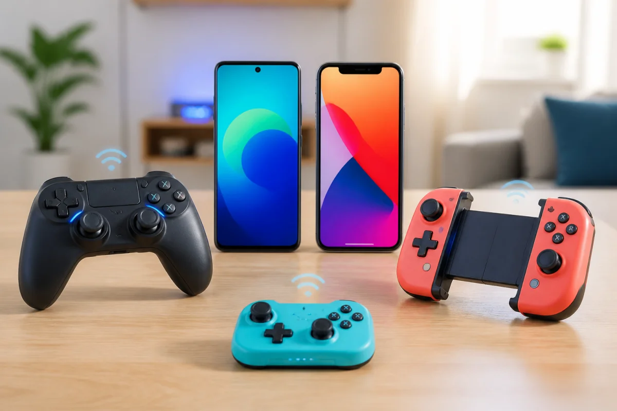 Smartphones entourés de manettes Bluetooth, télescopique et compacte pour jouer aux jeux mobile avec manette