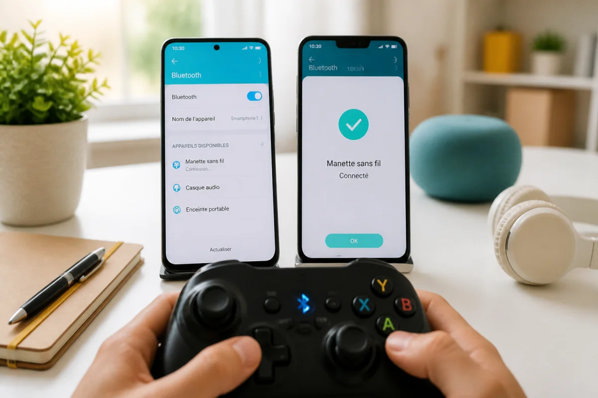 Smartphones affichant une connexion Bluetooth avec une manette sans fil pour jouer aux jeux mobile avec manette