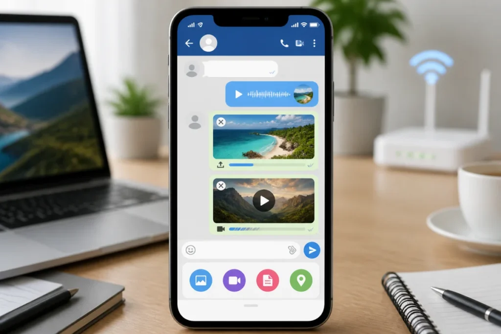 Smartphone affichant une conversation de messages RCS Android avec photo et vidéo haute qualité à envoyer