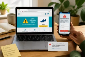 Ordinateur et smartphone affichant un faux site marchand, une application frauduleuse et des messages de phishing, symbole d’alerte visible