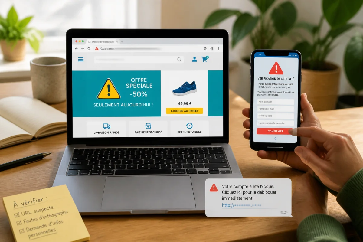 Ordinateur et smartphone affichant un faux site marchand, une application frauduleuse et des messages de phishing, symbole d’alerte visible