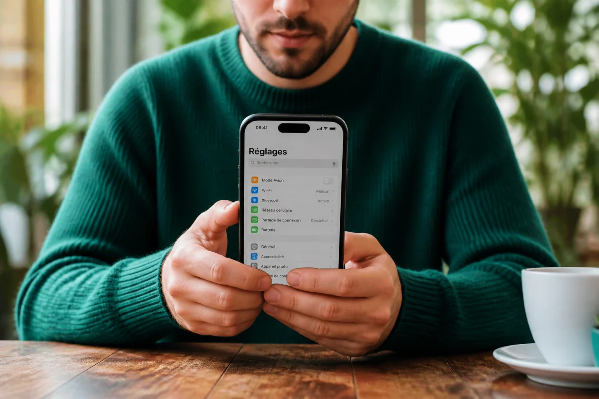 Personne consultant son smartphone dans un café pour vérifier l'opérateur associé au numéro commençant par 0762.