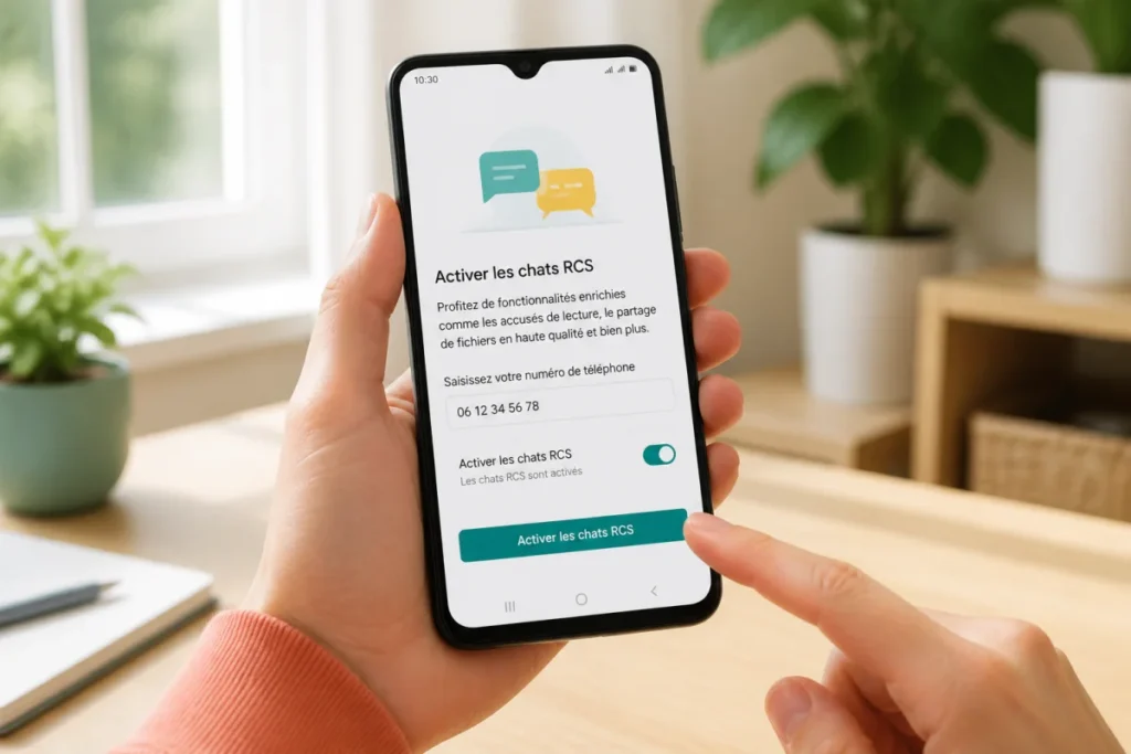 Smartphone affichant l’écran d’activation des chats RCS Android, avec numéro saisi et bouton d’activation visible
