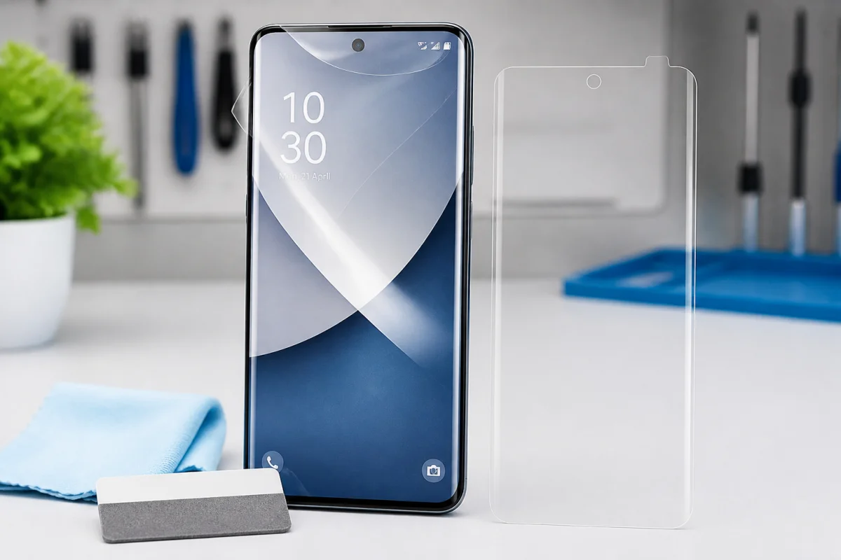 Ada Phone Repair présente un smartphone protégé par un film hydrogel transparent, ajusté avec précision dans un atelier professionnel.