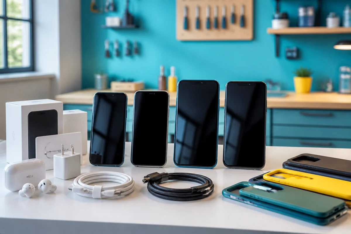 Ada Phone Repair présente plusieurs smartphones et accessoires modernes sur le comptoir lumineux de son atelier de réparation.