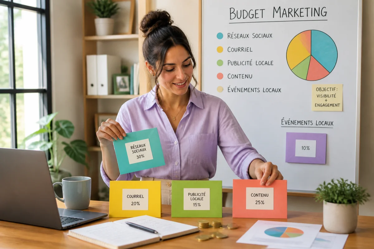 Entrepreneuse répartissant un budget marketing pour petite entreprise entre réseaux sociaux, courriel, publicité locale et contenu
