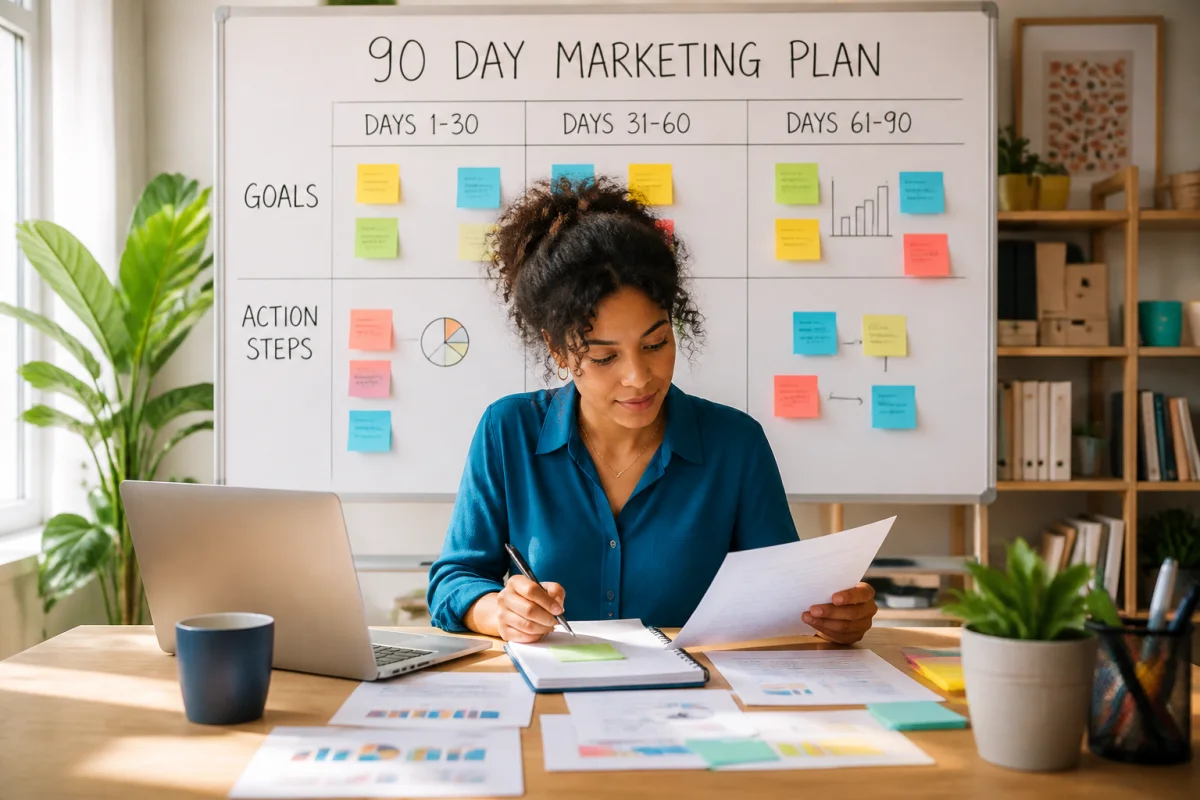 Entrepreneuse élaborant un budget marketing pour petite entreprise sur 90 jours devant un tableau de planification