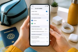 Réglages de données mobiles et double SIM affichés sur un téléphone avant de changer de forfait mobile en voyage