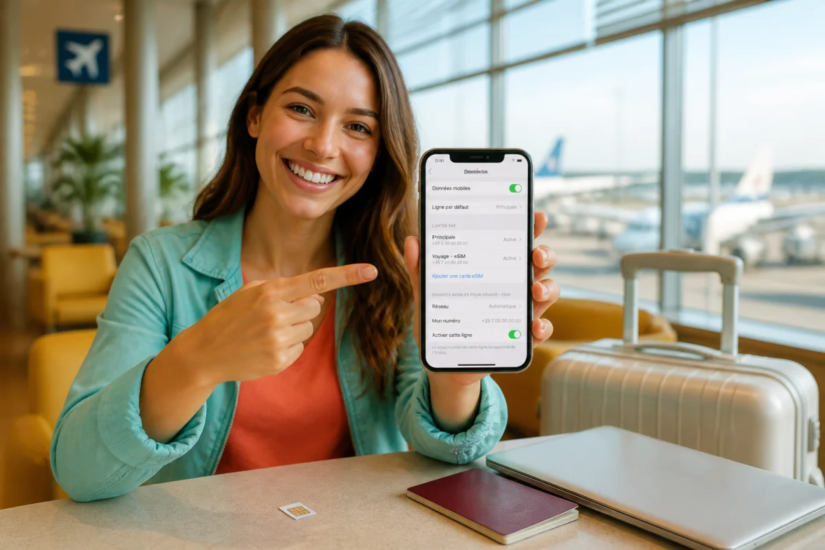 Voyageuse installant une eSIM sur son smartphone avant de changer de forfait mobile en voyage à l’aéroport