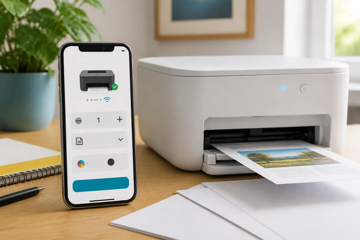 Smartphone affichant un menu d’impression à côté d’une imprimante domestique connectée sans fil sur un bureau lumineux