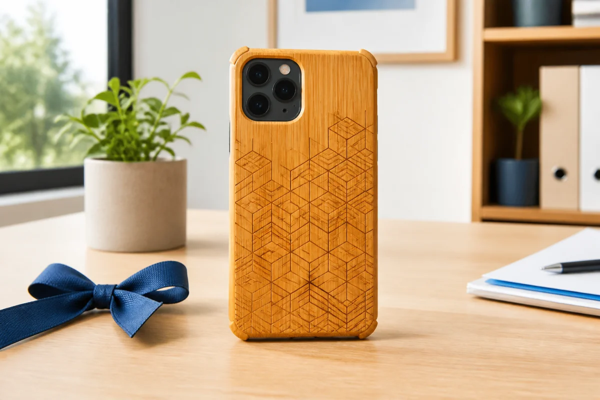 Coque de protection smartphone en bambou gravé, posée sur un bureau lumineux avec ruban cadeau et plante verte