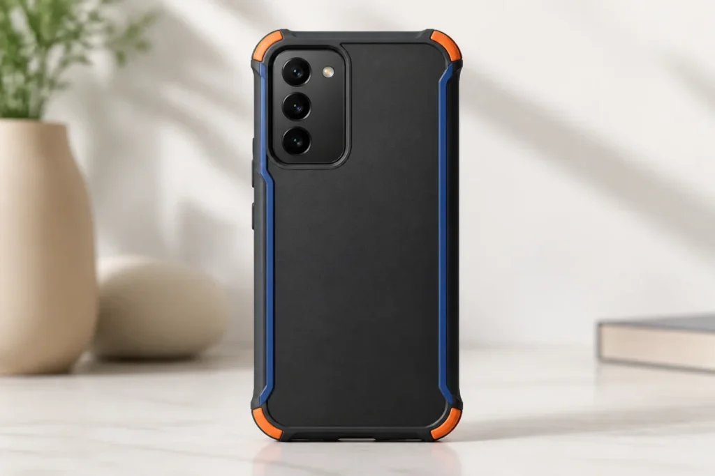Smartphone moderne équipé d’une coque de protection hybride aux coins renforcés et bordures souples contrastées