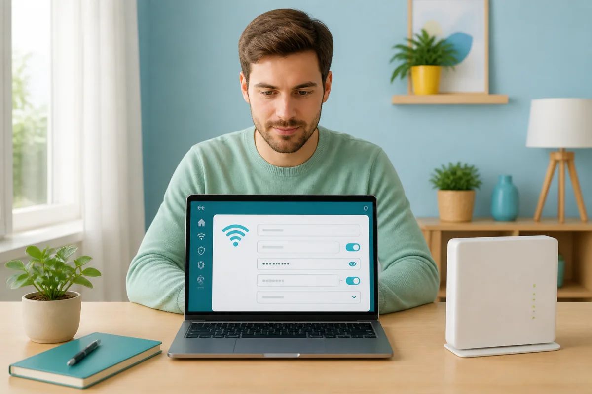 Personne configurant la sécurité Wi-Fi d’une box Internet sur ordinateur dans un bureau à domicile lumineux