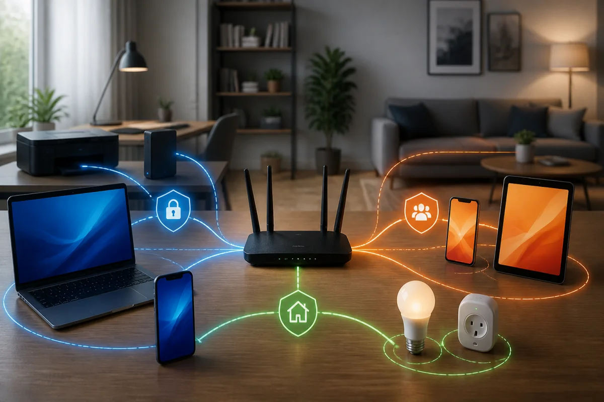 Routeur Wi-Fi central séparant réseau principal, réseau invité et objets connectés pour une cybersécurité Wi-Fi à la maison