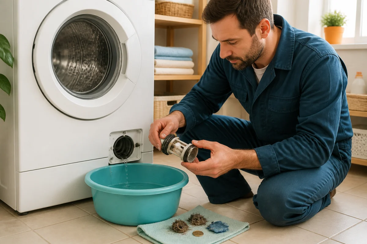 Comment déboucher un lave-linge en nettoyant le filtre de vidange et l’hélice de pompe avec précaution