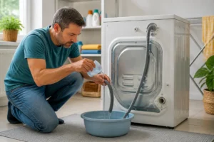Comment déboucher un lave-linge en vérifiant prudemment le tuyau d’évacuation dans une buanderie domestique