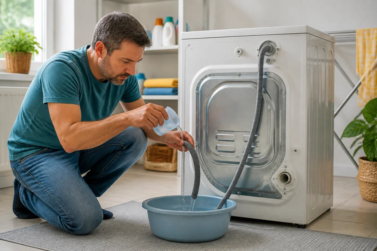 Comment déboucher un lave-linge en vérifiant prudemment le tuyau d’évacuation dans une buanderie domestique