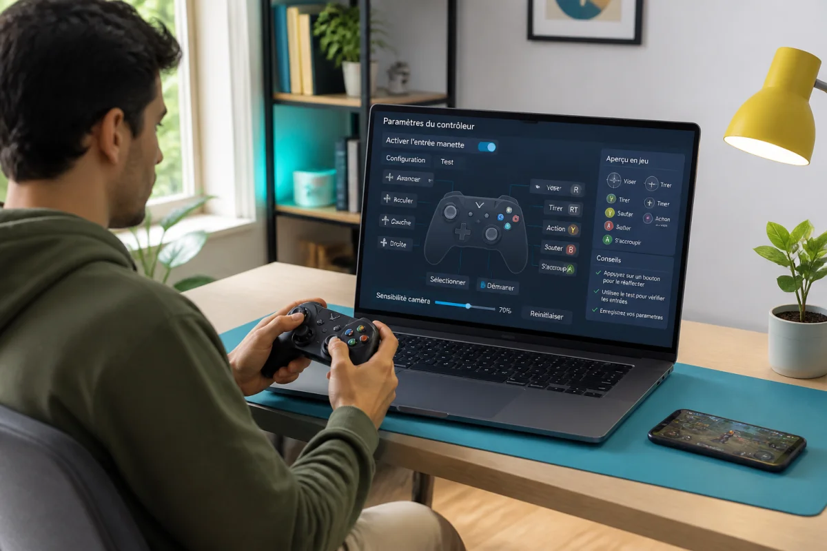 Joueur configurant une manette sans fil pour Delta Force Mobile sur ordinateur portable, smartphone posé à côté