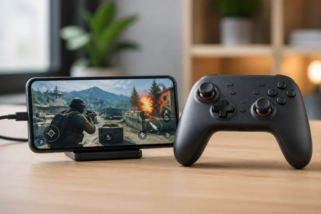 Smartphone affichant un jeu de tir tactique avec une manette ergonomique, illustrant l’utilisation de Delta Force Mobile à la manette