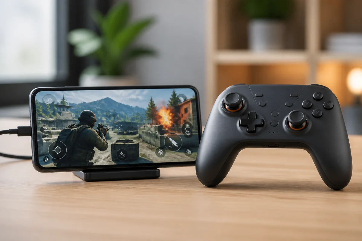 Smartphone affichant un jeu de tir tactique avec une manette ergonomique, illustrant l’utilisation de Delta Force Mobile à la manette