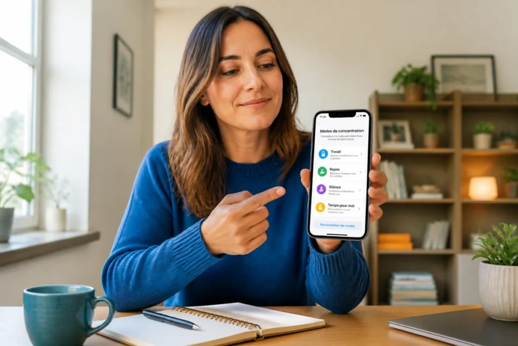 Personne sélectionnant un mode de concentration sur son smartphone pour mieux gérer son attention au quotidien