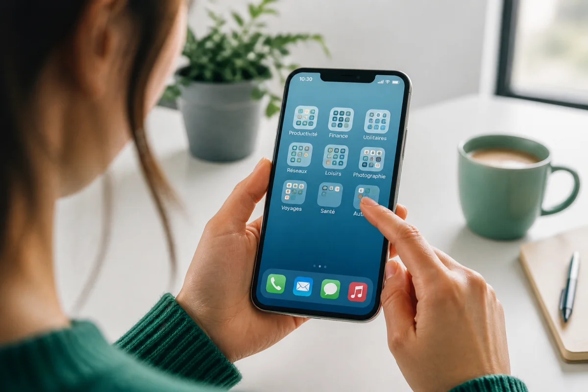 Personne organisant les applications de son smartphone en dossiers pour gérer sa concentration avec le smartphone.