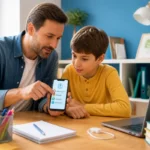 Parent aidant son enfant à résoudre un problème de smartphone dans un intérieur familial lumineux et chaleureux