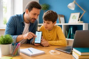 Parent aidant son enfant à résoudre un problème de smartphone dans un intérieur familial lumineux et chaleureux