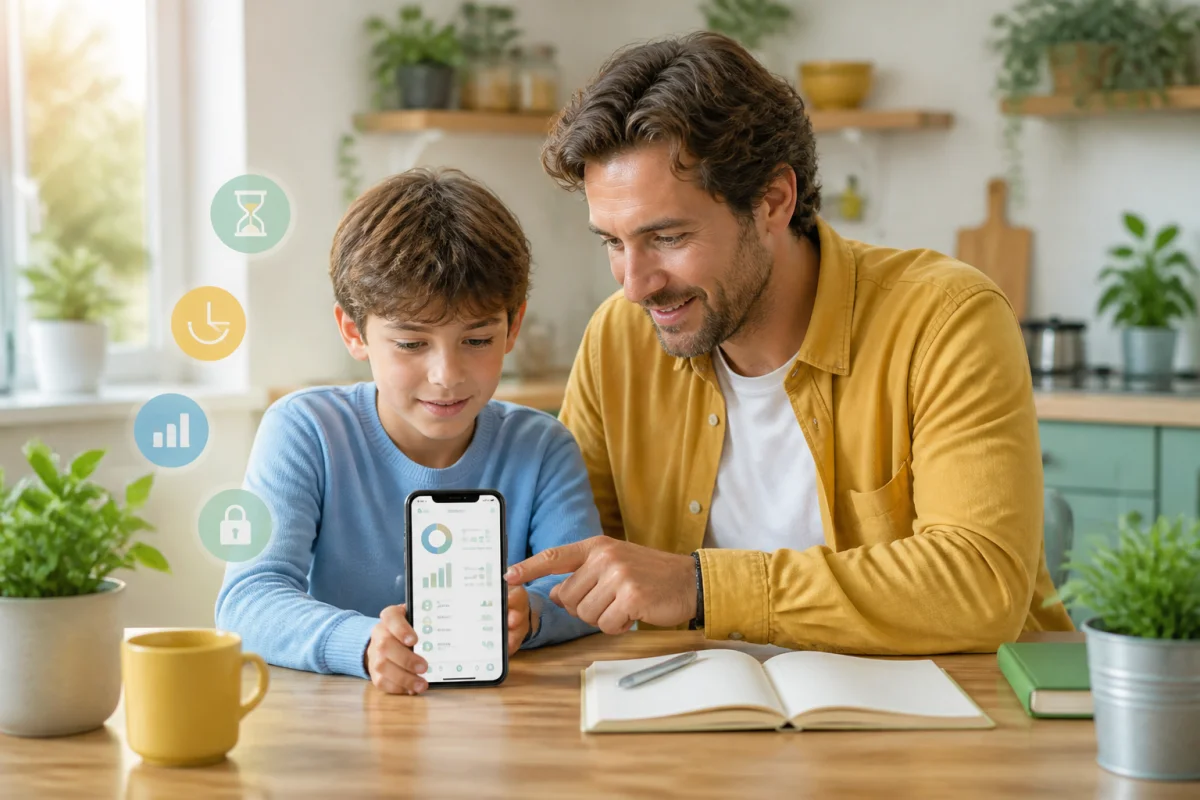 Parent et enfant consultent ensemble un smartphone pour gérer son utilisation quotidienne dans une ambiance familiale sereine