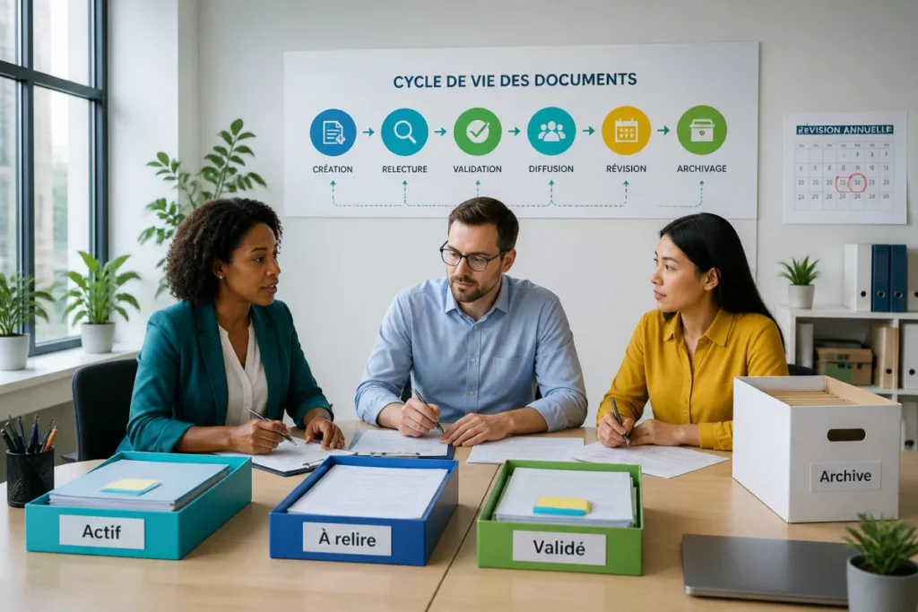 Équipe de trois professionnels organisant la gestion documentaire en entreprise autour d’un tableau du cycle de vie des documents