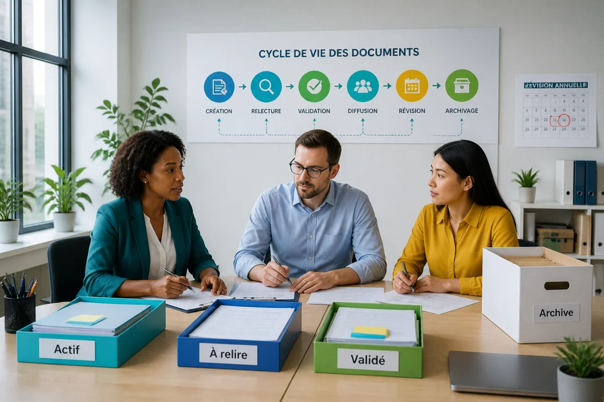 Équipe de trois professionnels organisant la gestion documentaire en entreprise autour d’un tableau du cycle de vie des documents
