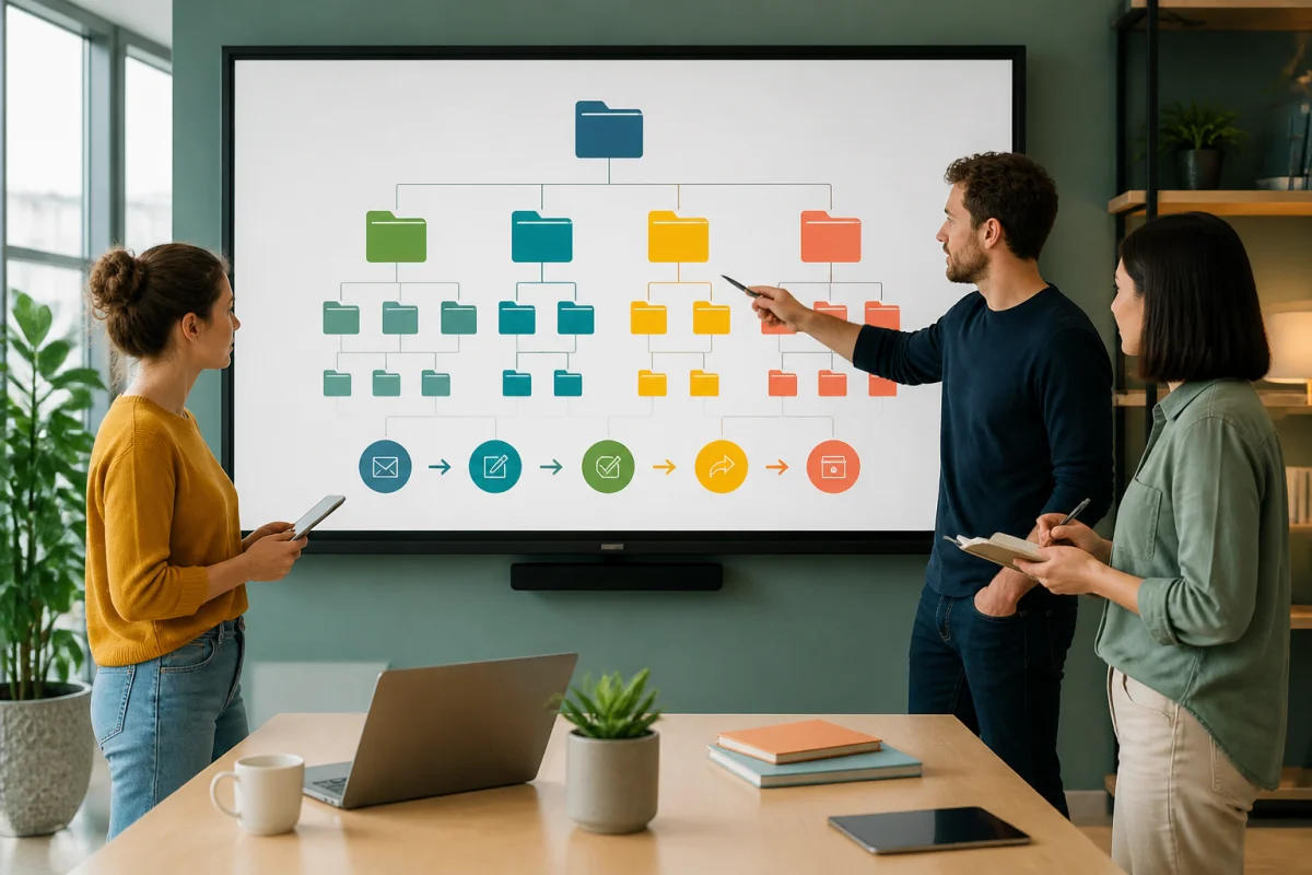 Équipe collaborative organisant une arborescence numérique pour optimiser la gestion documentaire en entreprise au quotidien