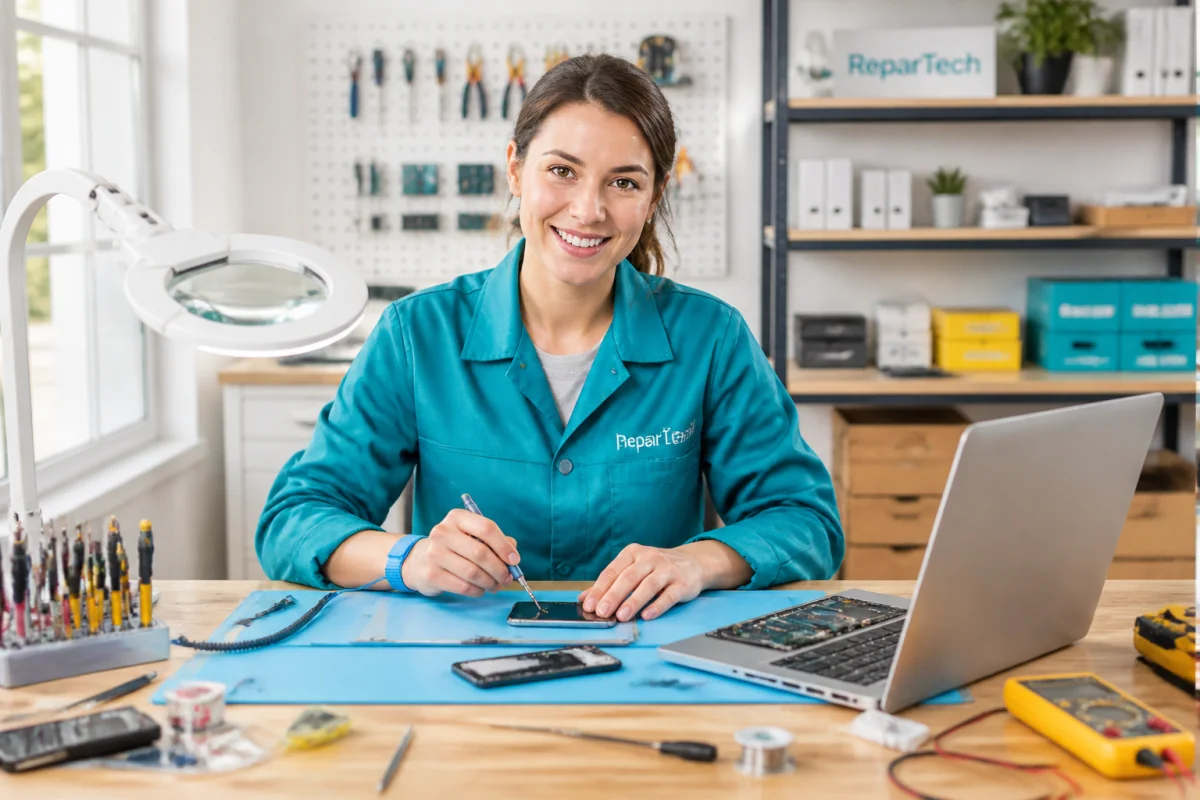 Technicienne Happy Sav réparant un smartphone et un ordinateur dans un atelier professionnel lumineux