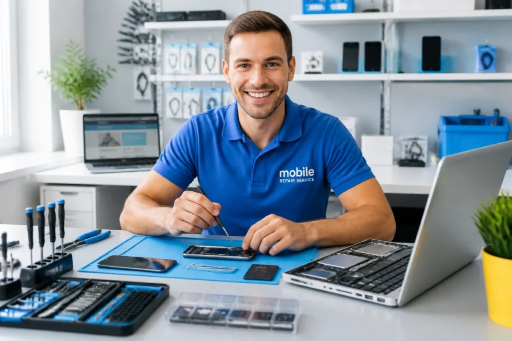 Technicien Happy Sav réparant un smartphone et un ordinateur portable dans un atelier moderne avec outils organisés