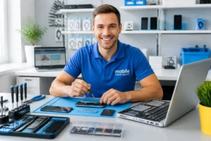Technicien Happy Sav réparant un smartphone et un ordinateur portable dans un atelier moderne avec outils organisés
