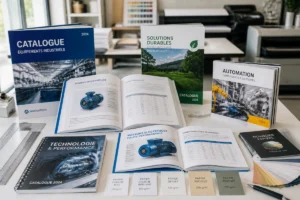 Échantillons de catalogues professionnels illustrant l’impression de catalogue pour entreprise, avec formats variés, papiers et reliures.