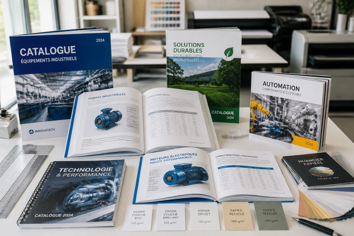 Échantillons de catalogues professionnels illustrant l’impression de catalogue pour entreprise, avec formats variés, papiers et reliures.