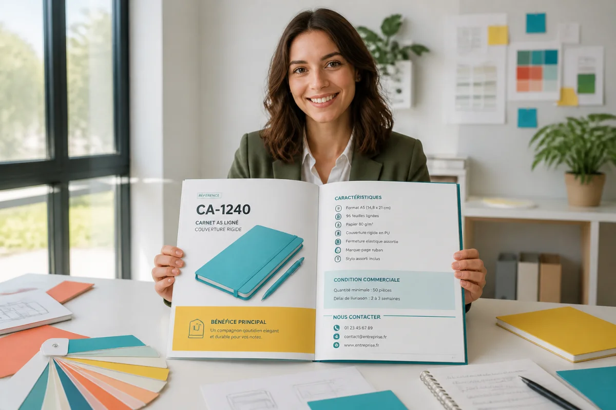Responsable marketing présentant un catalogue professionnel ouvert avec fiches produits structurées dans un bureau contemporain, pour une impression réussie